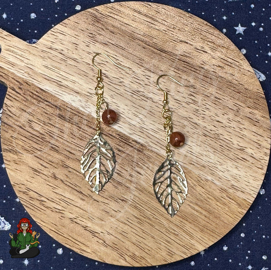 Gladys - Gold Leaf & Red Bead Earrings!