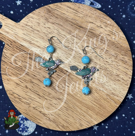 Amelia - Rhinestone Bird & Teal Bead Earrings!