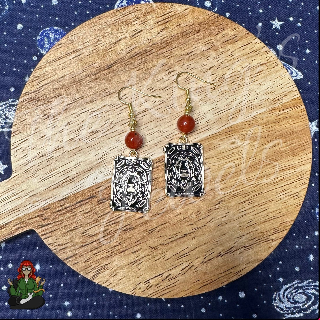 Reserved - Katie - Strength Tarot Charms and Red Bead Earrings!