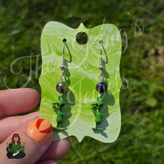 Katie - Green Alien & Grey Bead Earrings!