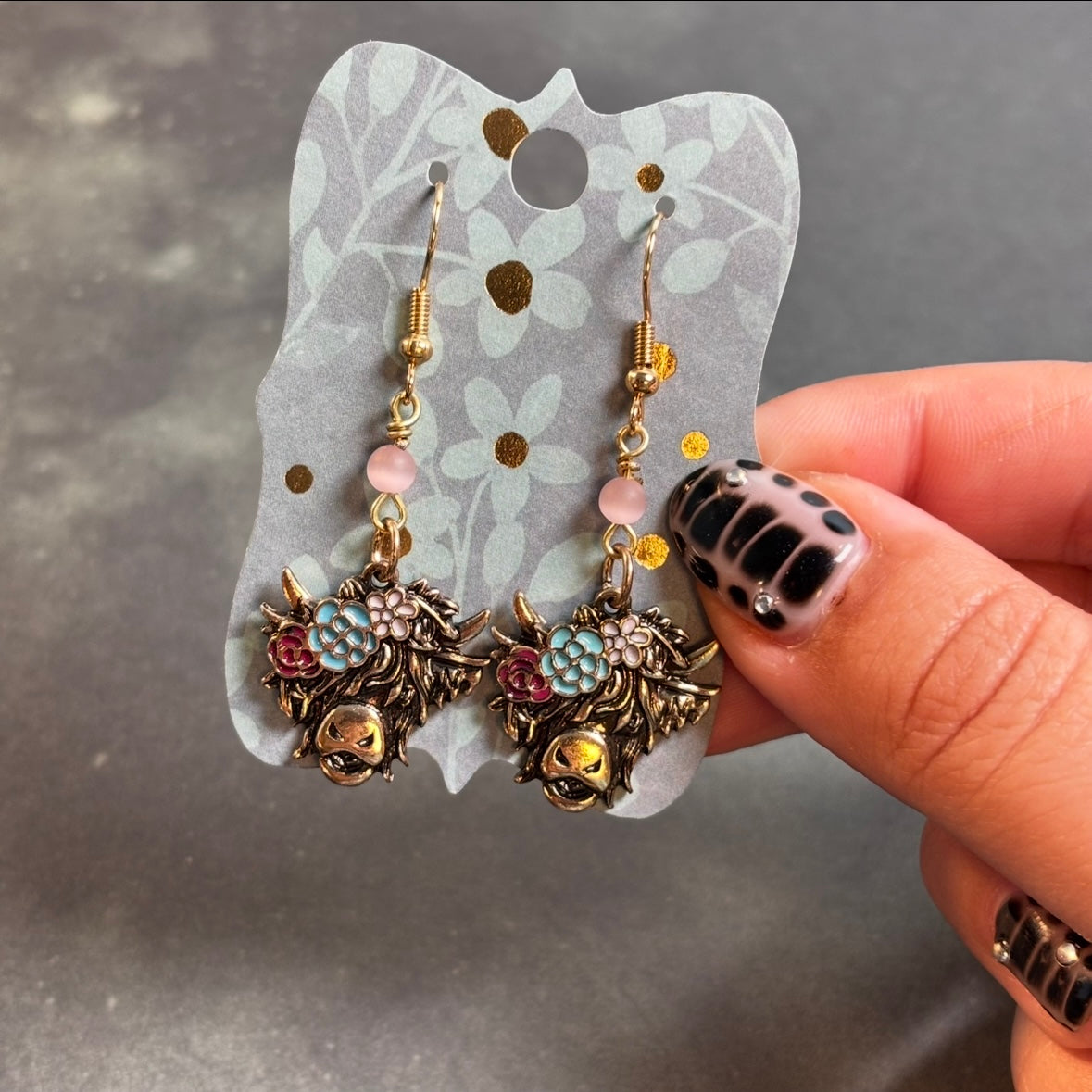 Katie - Highland Cow & Pink Aura Bead Earrings!