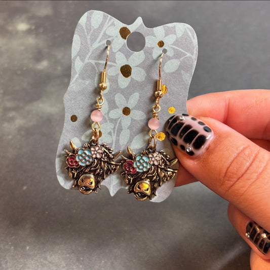Katie - Highland Cow & Pink Aura Bead Earrings!