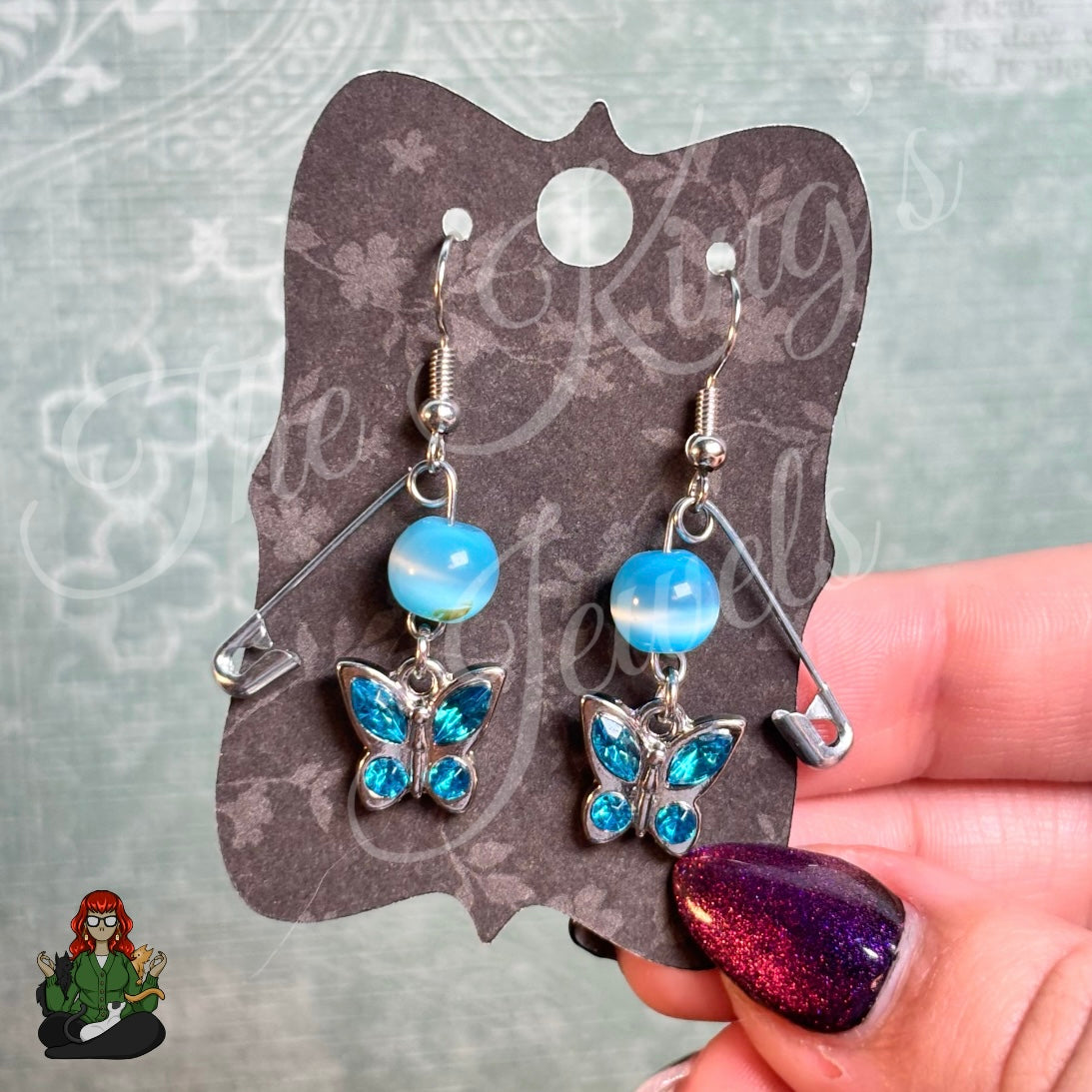 Raven - Butterfly & Blue Bead Safety Pin Earrings!