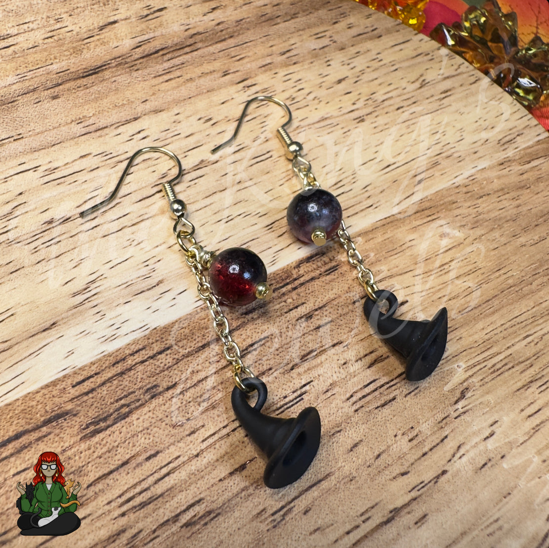 Gladys - Matte Black Witch Hat with Black & Red Bead Earrings!