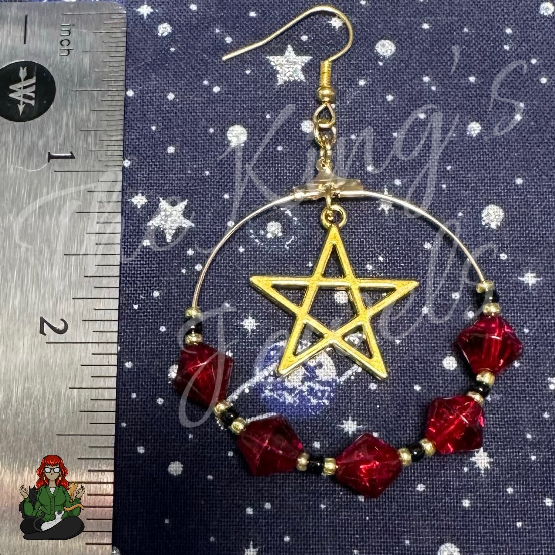 Riona - Pentagram & Red Glass Bead Hoop Earrings!