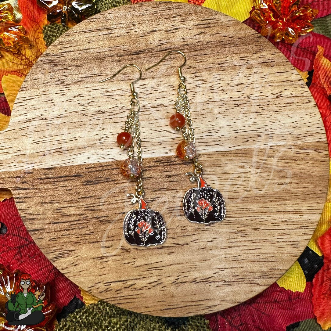 Gladys - Beaded Brown Pumpkin & Flower Accent Earrings!