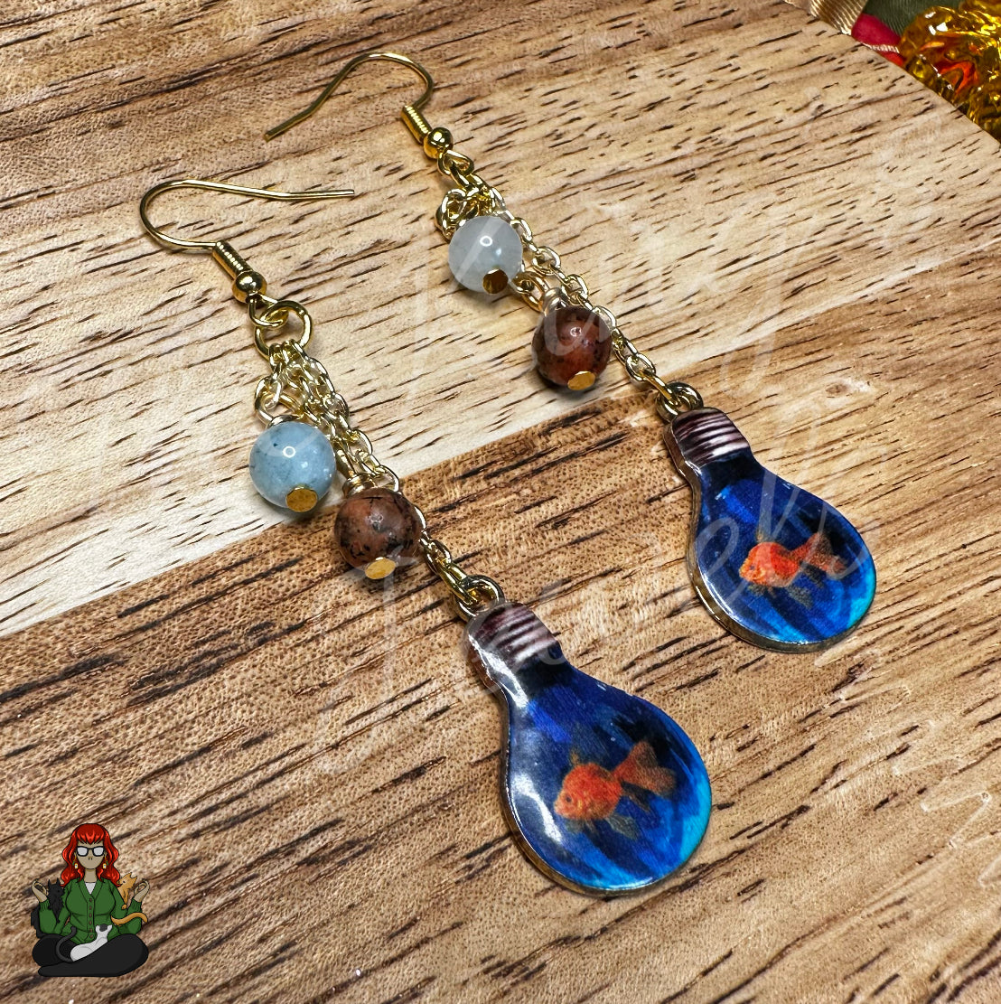 Gladys - Goldfish Lightbulb & Blue Aquamarine Bead Earrings!