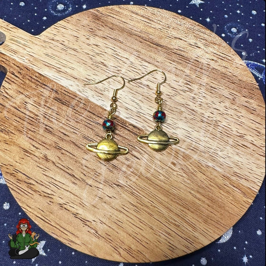 Katie - Gold Planets with Red Bead Earrings