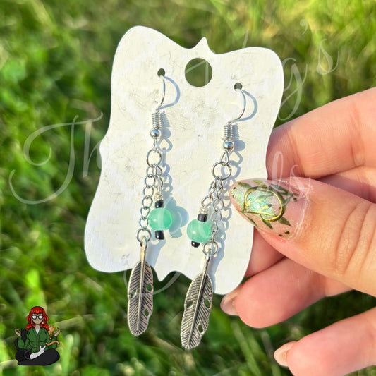 Gladys - Teal Glass Bead & Feather Earrings!