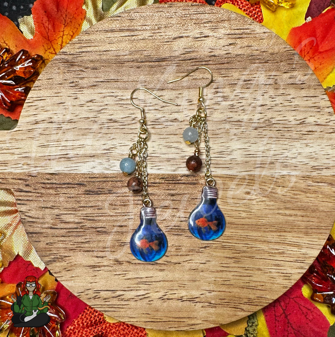 Gladys - Goldfish Lightbulb & Blue Aquamarine Bead Earrings!