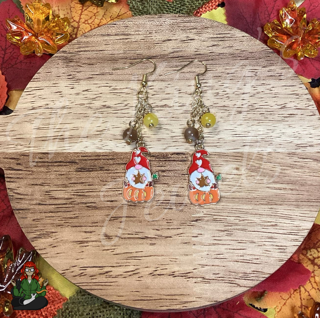 Gladys - Brown & Yellow Beaded Pumpkin Gnome Earrings!