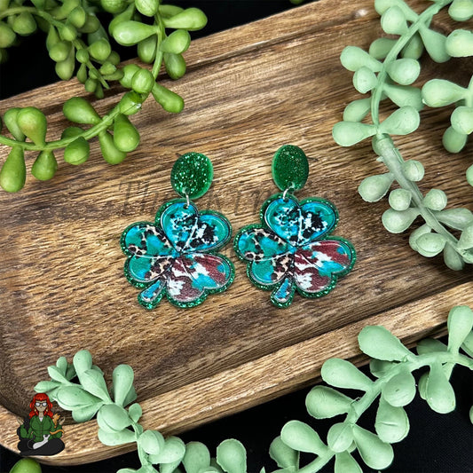 Lucky - Three Leaf Animal Print Clover Acrylic Earrings!