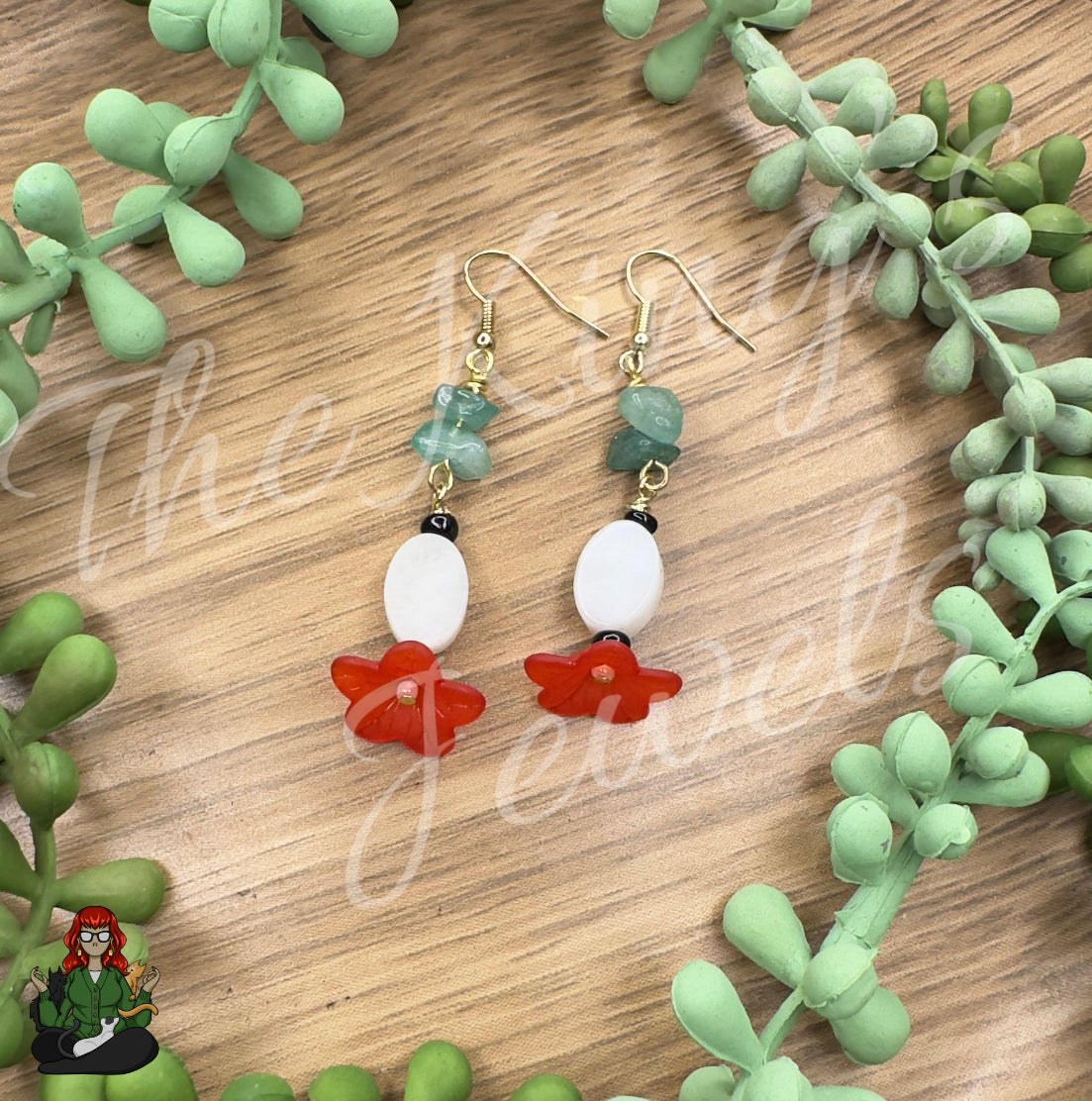 Katie - Aventurine & Red Flower Dangle Earrings!