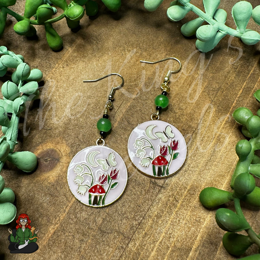 Katie - Baby Pink Mushroom & Green Glass Bead Earrings!