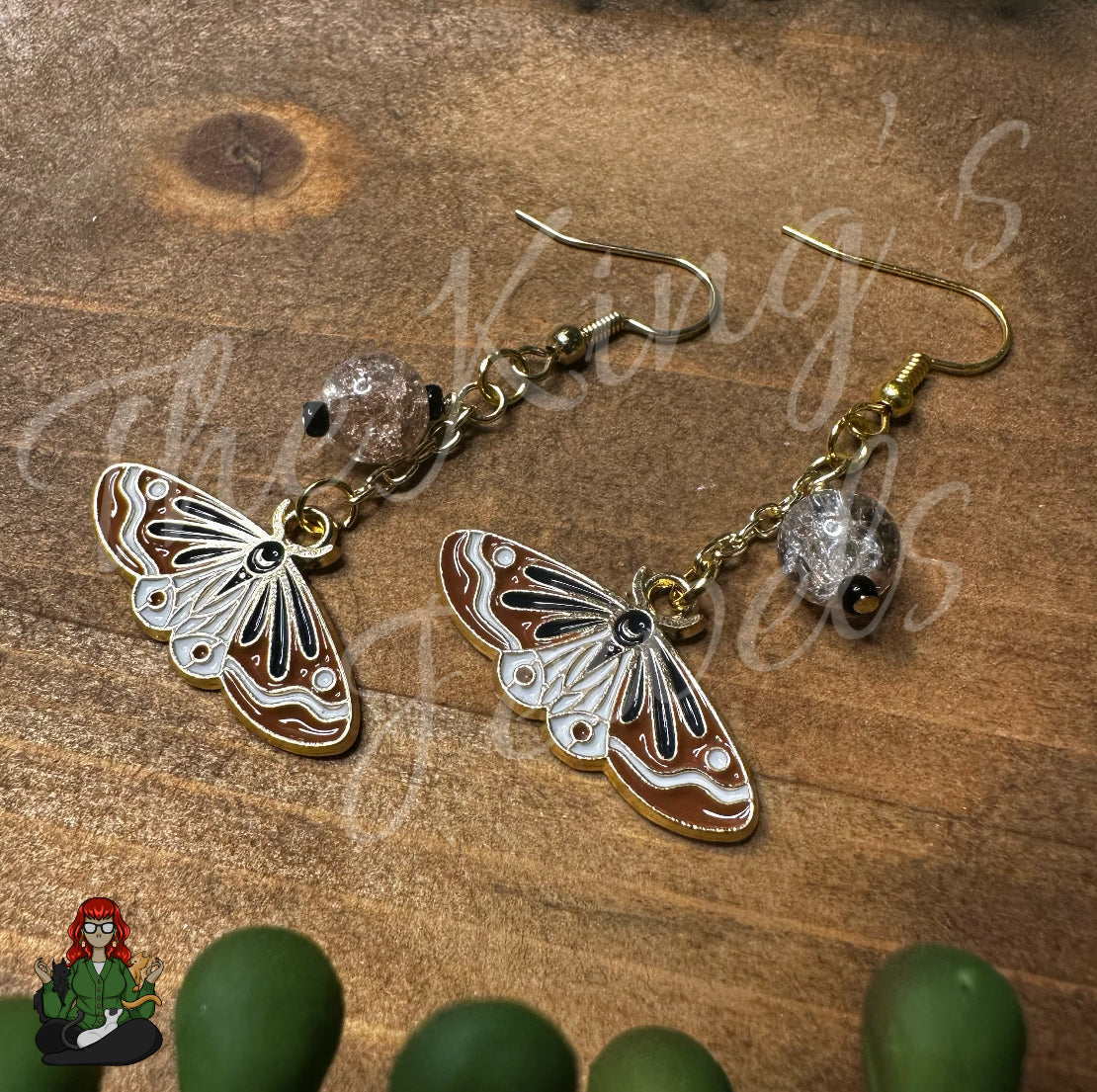 Gladys - Brown Moth & Crackle Glass Bead Earrings!