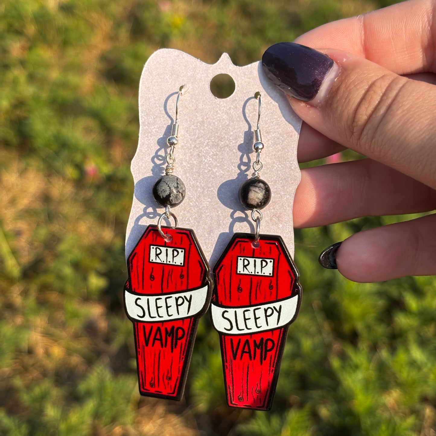 Katie - Sleepy Vamp Coffin & Snowflake Obsidian Earrings!