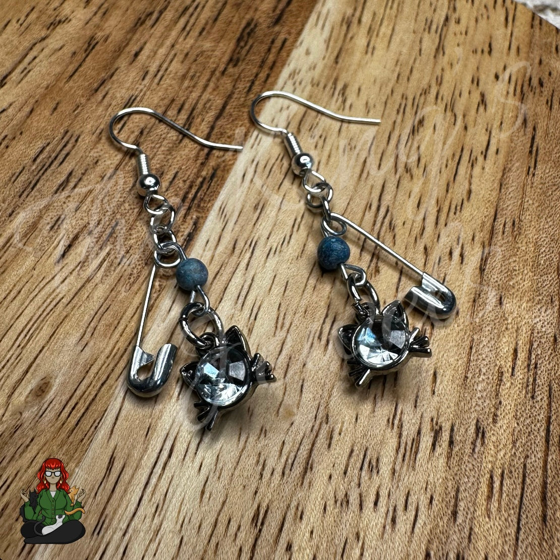 Raven - Dainty Blue Bead & Cat Charm Earrings!