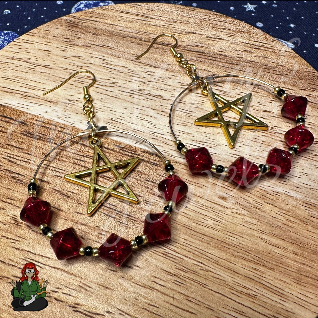 Riona - Pentagram & Red Glass Bead Hoop Earrings!