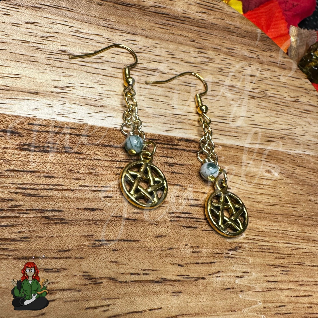 Gladys - Dainty Moss Agate Bead & Pentacle Earrings!