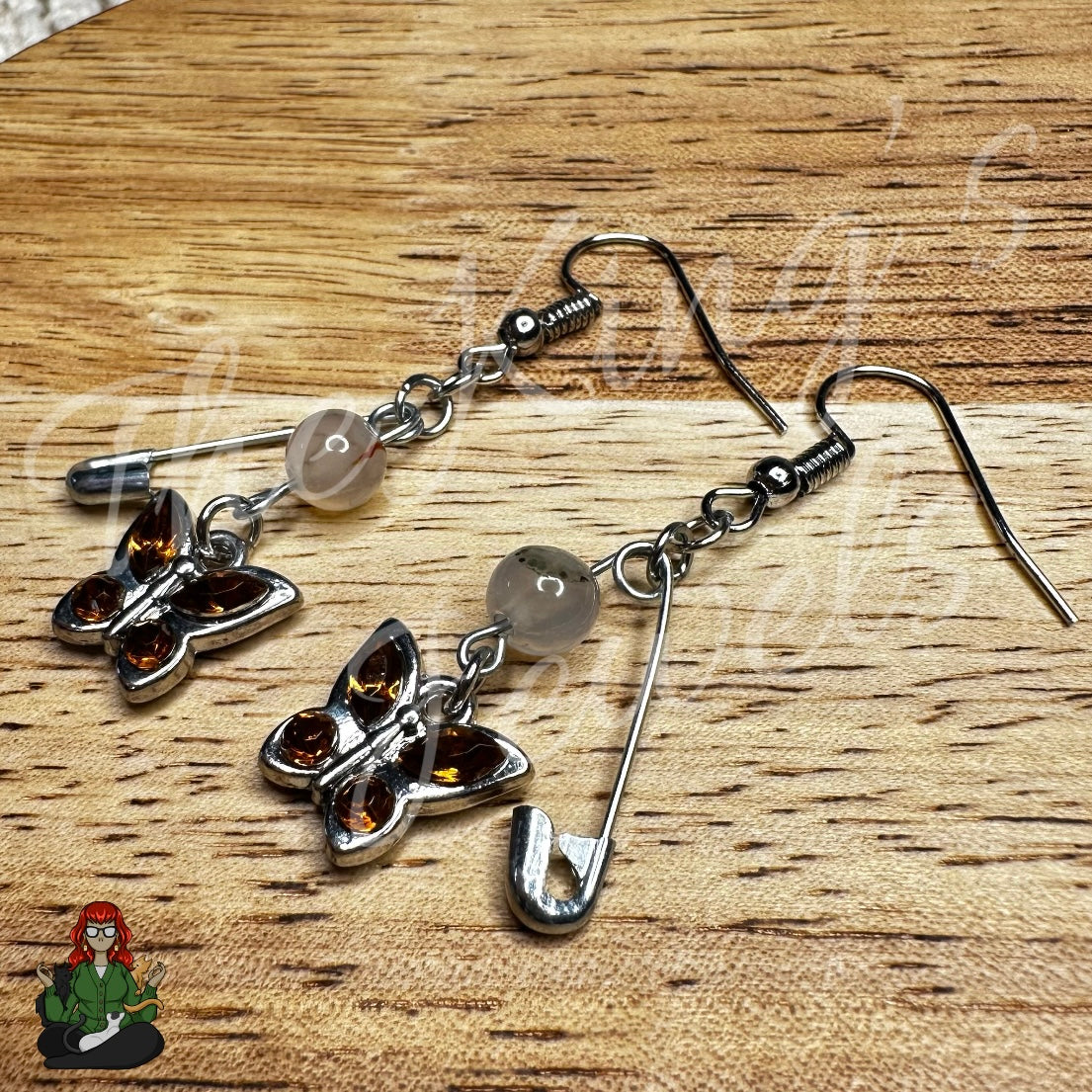 Raven - Smokey Quartz Bead & Burnt Orange Butterfly Charm Earrings!