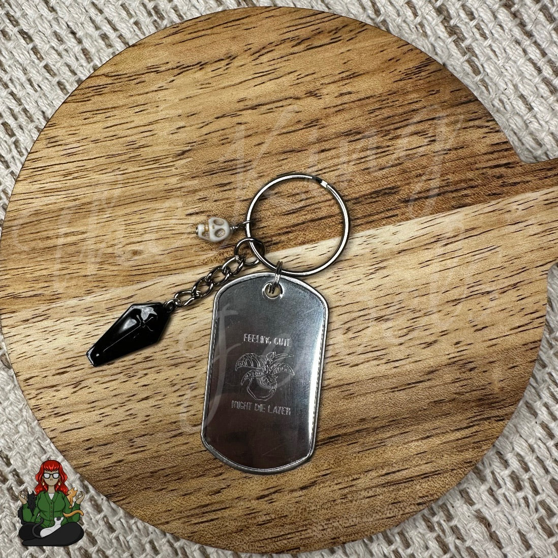 "Feeling Cute, Might Die Later" Skull Charm & Coffin Charm Etched Dog Tag Keychain!