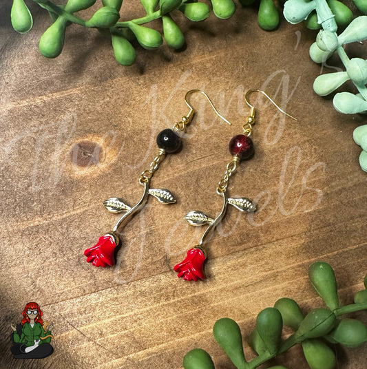 Katie - Red Rose & Black with Red Crackle Bead Earrings!