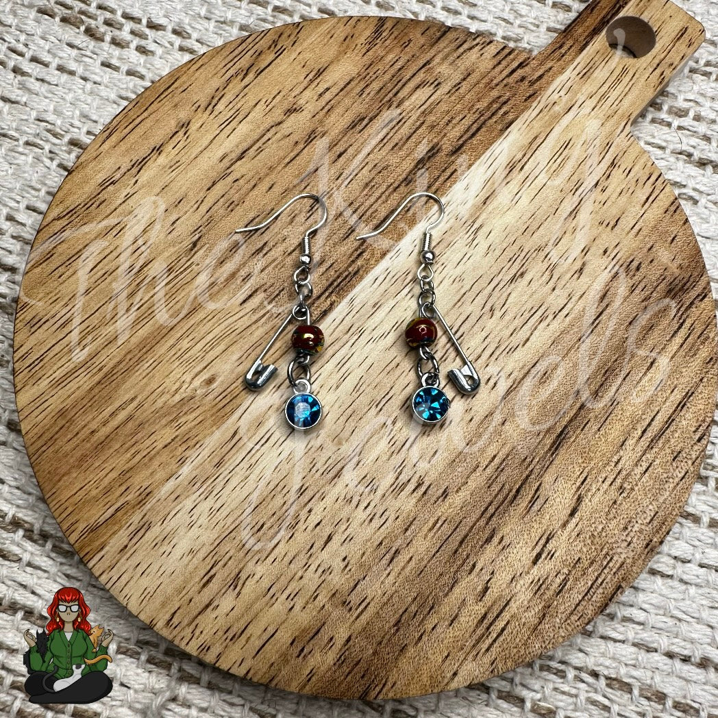 Raven - Dainty Red Bead & Blue Charm Earrings!