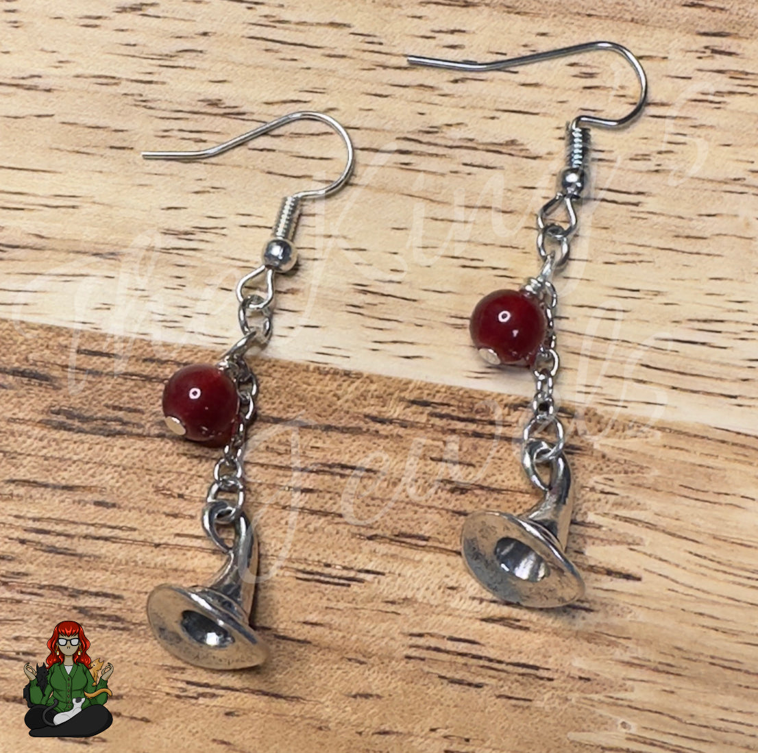 Gladys - Red Glass Bead & Silver Witch Hat Earrings!