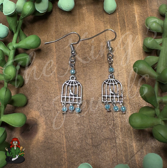 Katie - Bird Cage & Dainty Blue Bead Earrings!