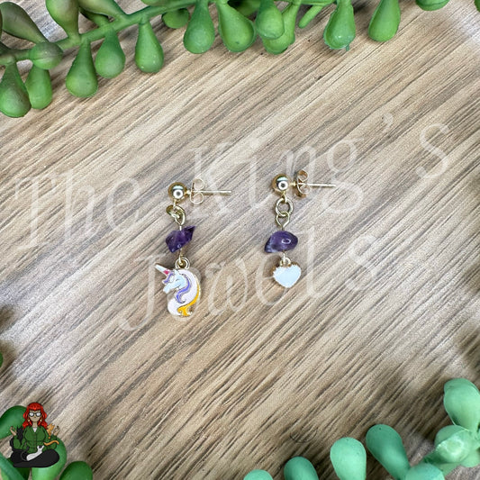 Katie - Amethyst Chip & Unicorn Mismatch Kids Earrings!