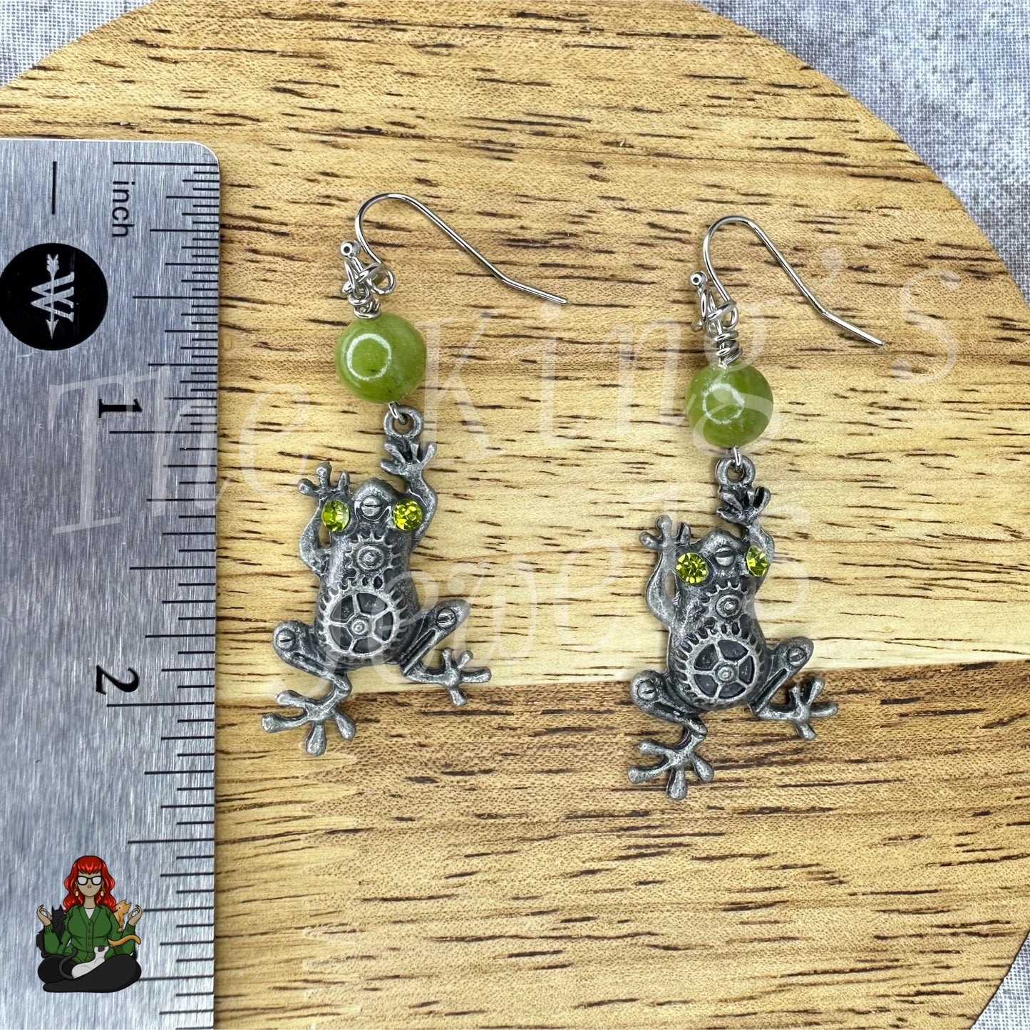 Katie - Green Bead & Steampunk Frog Earrings!