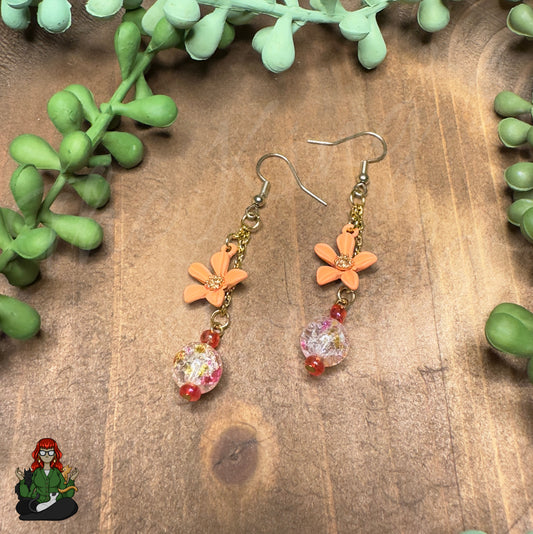 Gladys - Orange & Pink Bead with Orange Flower Charms Earrings!