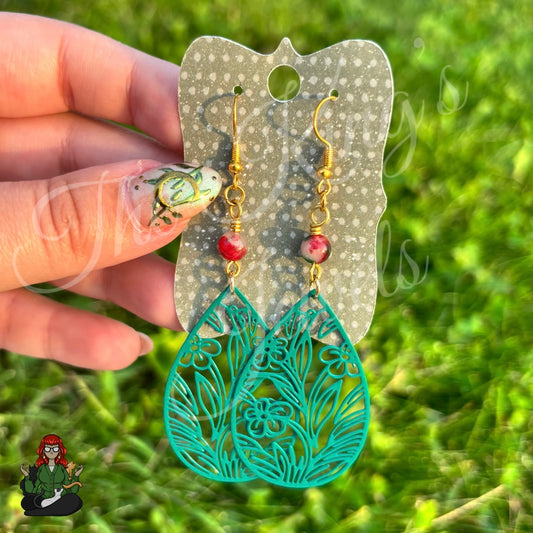 Rose - Green Teardrop Floral & Dyed Jade Bead Earrings!