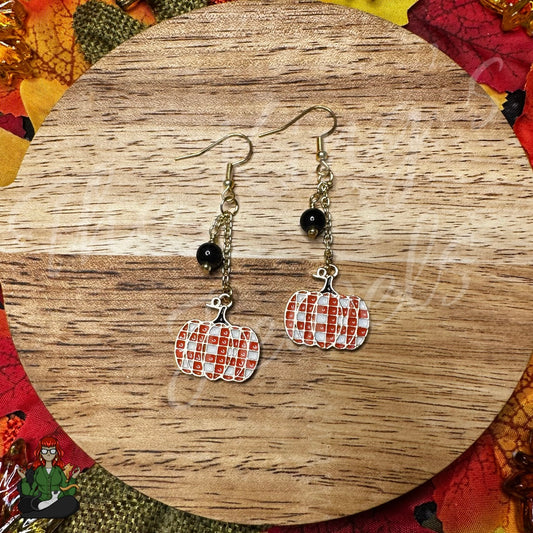 Gladys - Plaid Pumpkin & Bead Earrings!