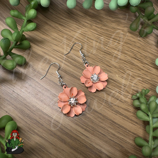 LeonaRae - Salmon Pink Flower & Rhinestone Center Earrings!