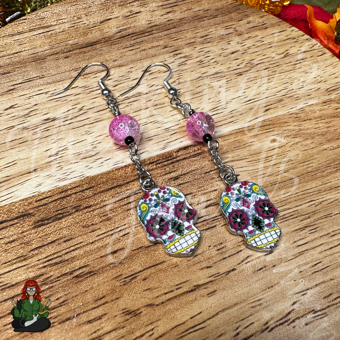 Katie - Light Pink Bead & Sugar Skull Earrings!