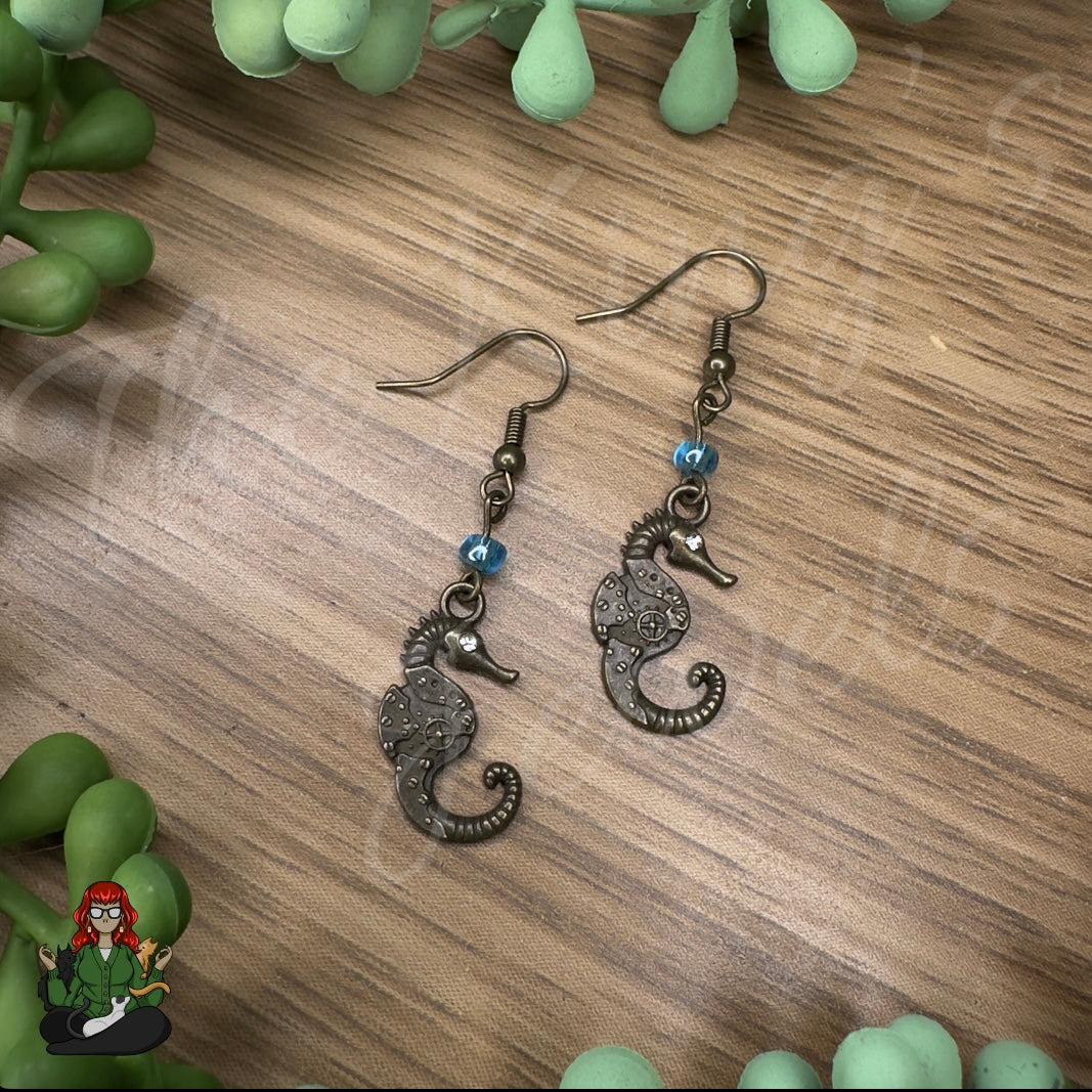 Katie - Steampunk Seahorses & Dainty Blue Earrings!