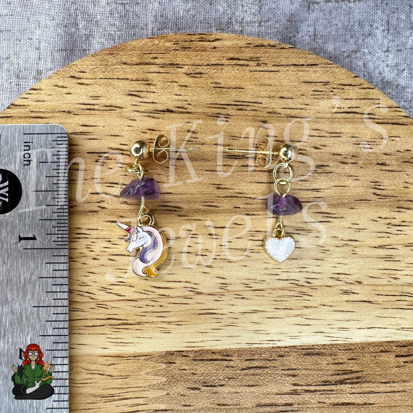 Katie - Amethyst Chip & Unicorn Mismatch Kids Earrings!