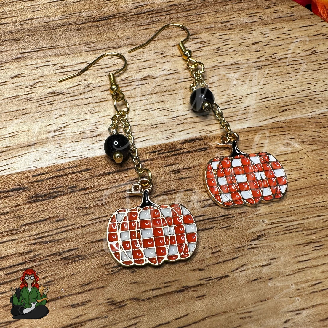 Gladys - Plaid Pumpkin & Bead Earrings!