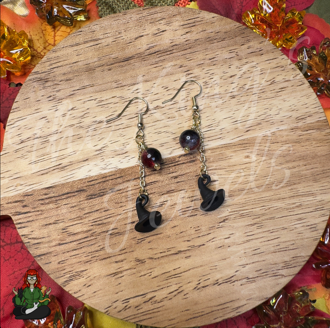 Gladys - Matte Black Witch Hat with Black & Red Bead Earrings!