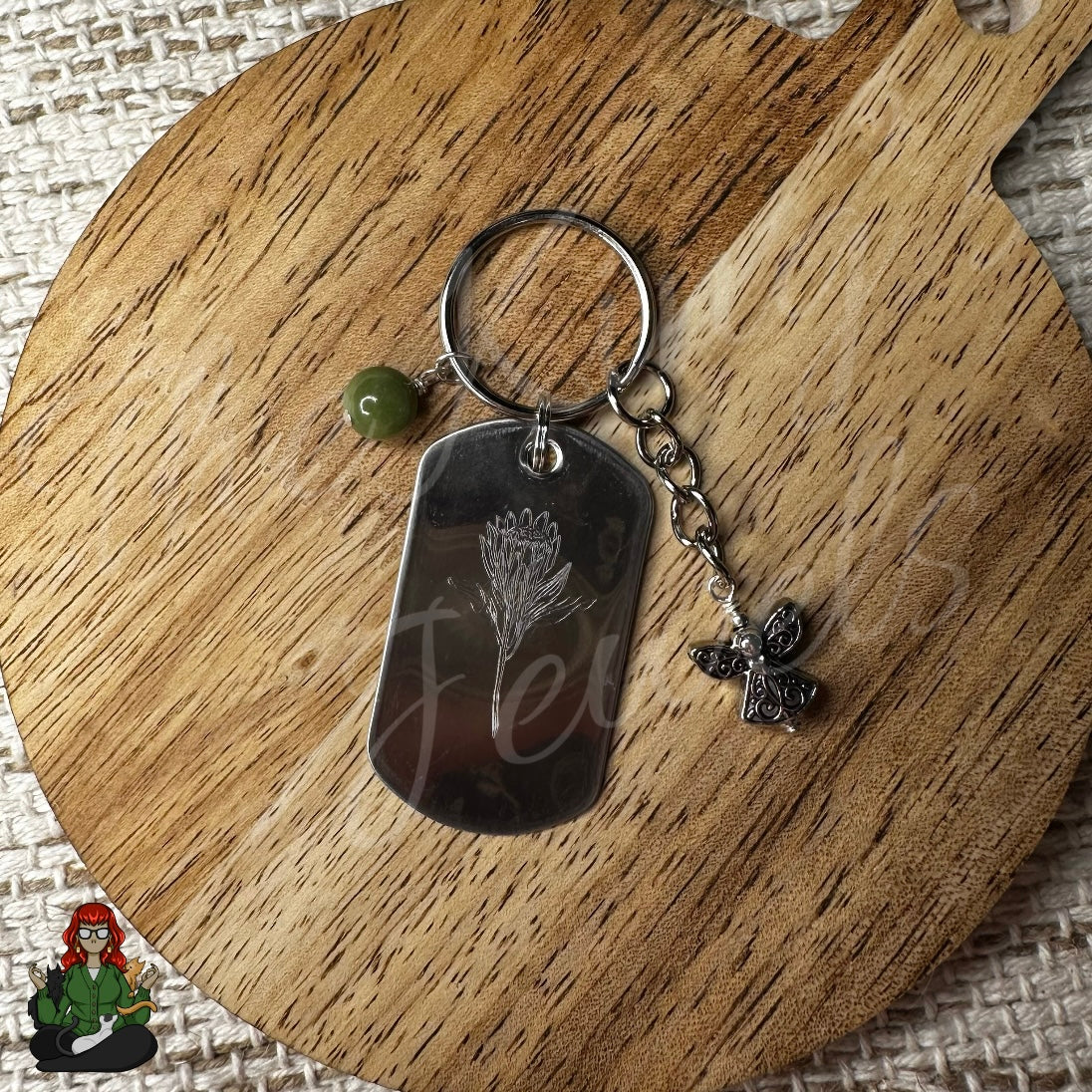 "My Story Isn't Over;" Green Bead & Angel Etched Dog Tag Keychains!