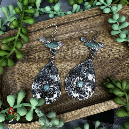 Rose - Hammered Aztec Gunmetal & Rhinestone Bird Earrings!