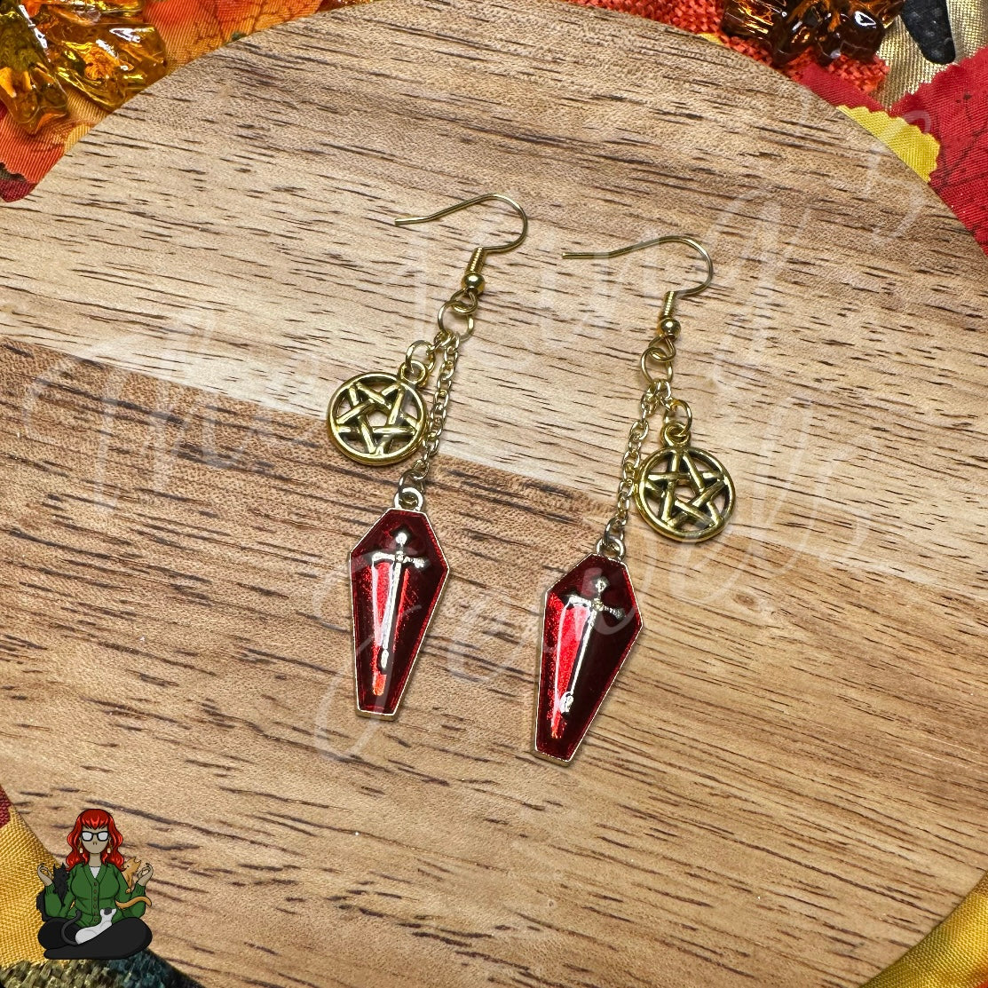 Gladys - Red Coffin & Pentacle Earrings!