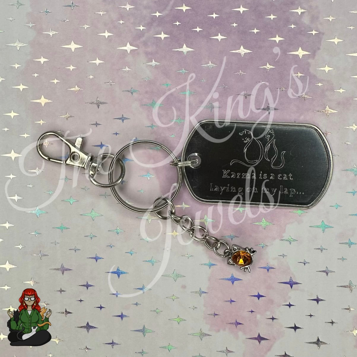 "Karma is a Cat Laying in my Lap" Etched Dog Tag Keychain!