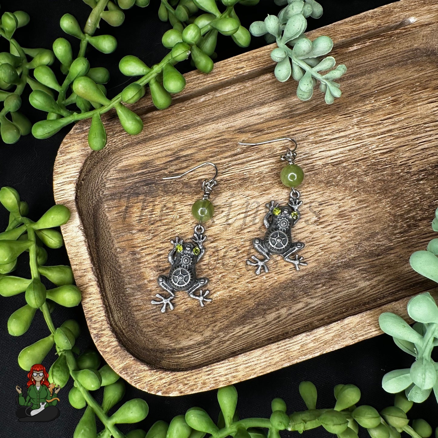 Katie - Green Bead & Steampunk Frog Earrings!