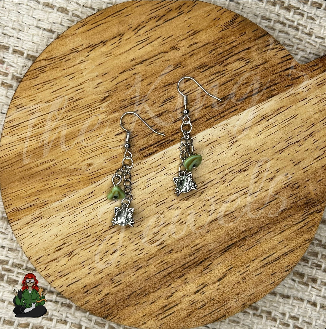 Gladys - Green Cat & Bead Earrings!