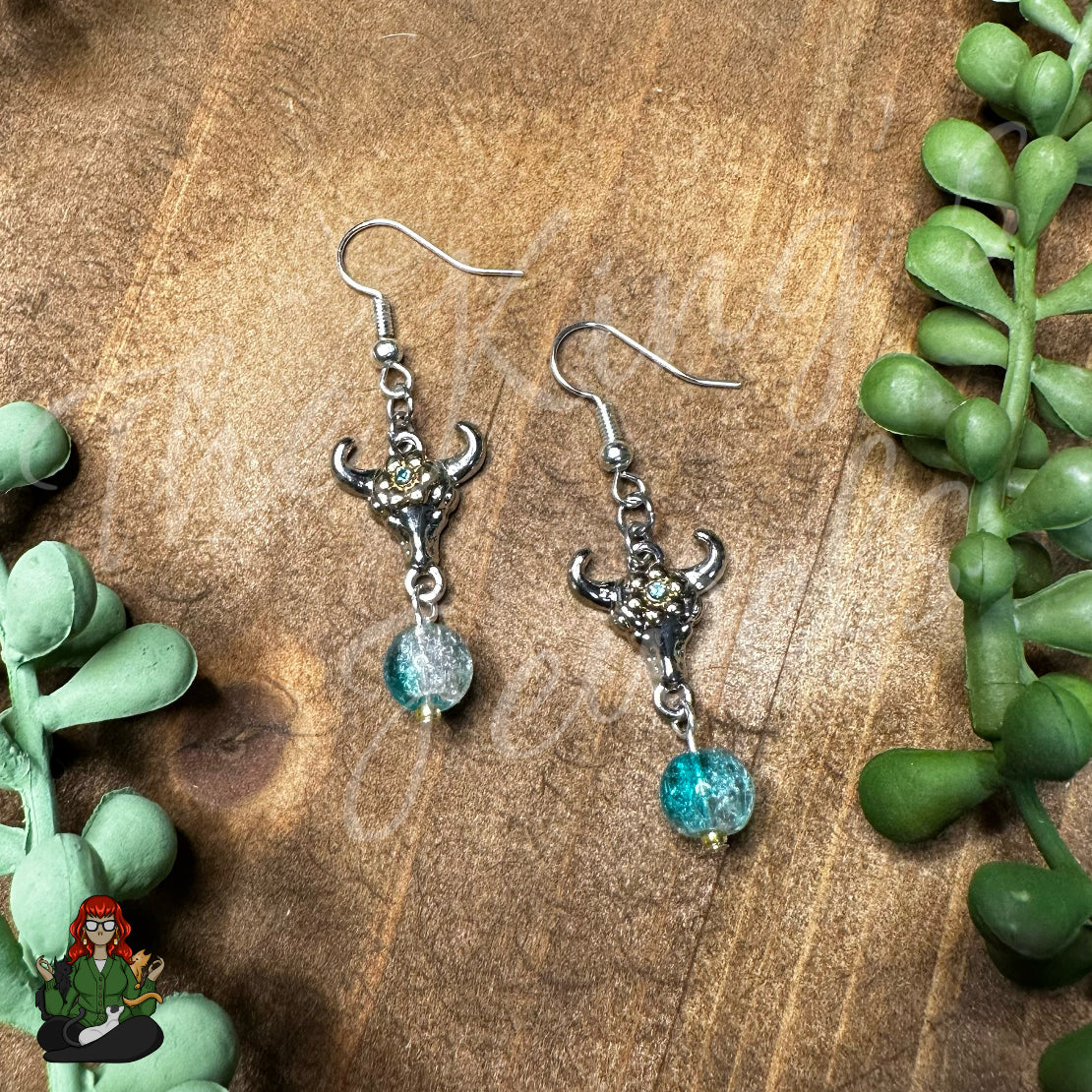 Katie - Multi-Metal Steer Skull & Mint Bead Earrings!