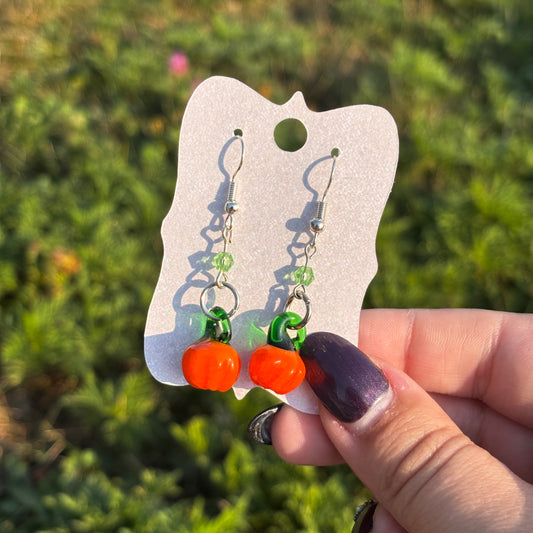 Katie - Glass Pumpkins & Dainty Green Bead Earrings!