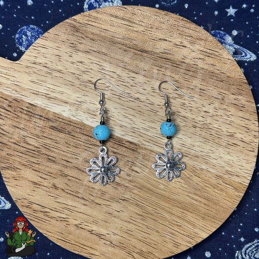 Katie - Silver Flower Charm and Blue Bead Earrings!