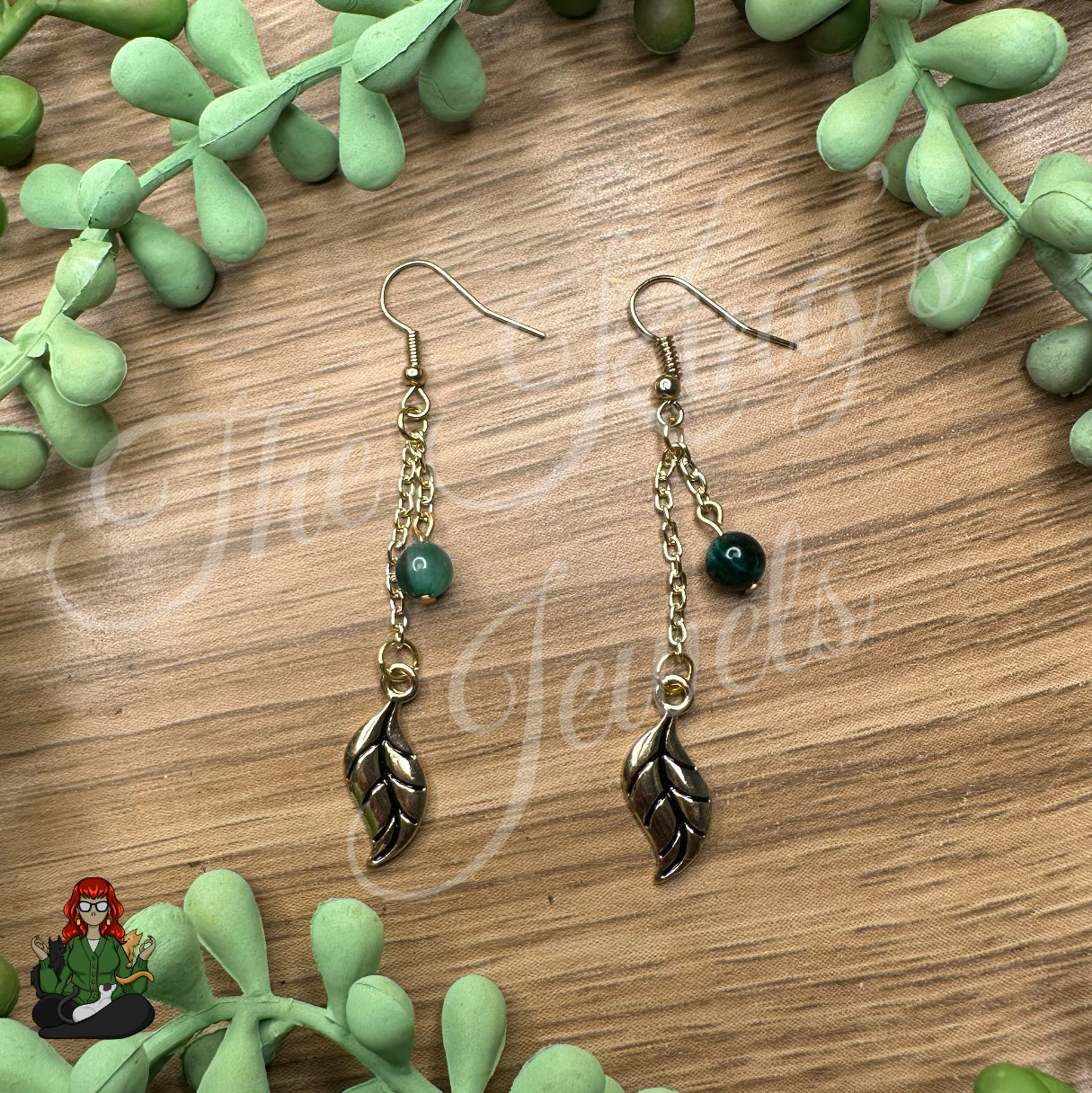 Gladys - Leaf & Green Tigers Eye Earrings!